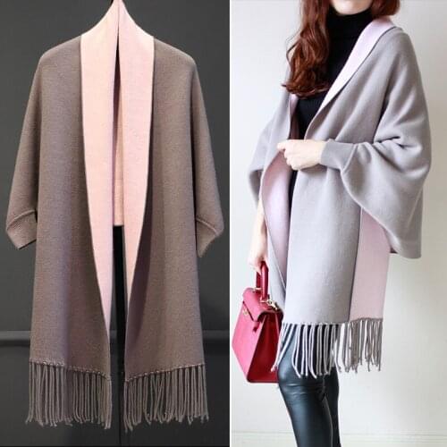 2017 Winter Fashion Brand Designer Cashmere Two-sided Scarf Women Shawl Cape Blanket Solid Foulard Fringed Long Sleeved Sweater