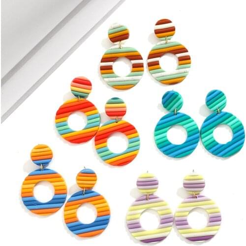 AENSOA Korea Macaron Gradient Round Clay Earring Colorful Long Dangle Drop Earrings for Women Pendant Jewelry Gifts Wholesale