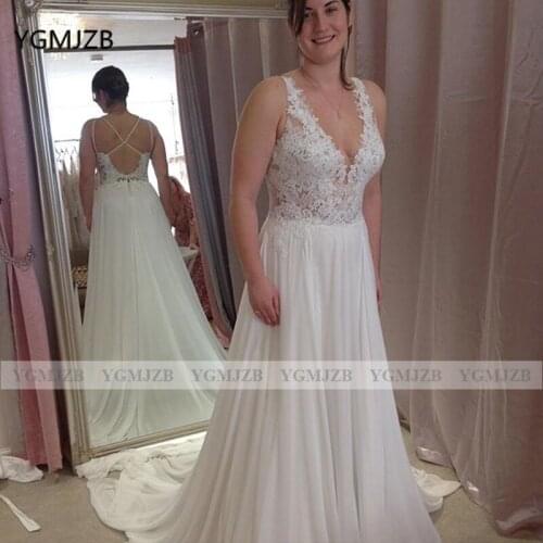 Elegant Summer Wedding Dress 2020 A-Line V Neck Lace Top Chiffon Skirt Long Bridal Gown Bride Dress Robe De Mariee