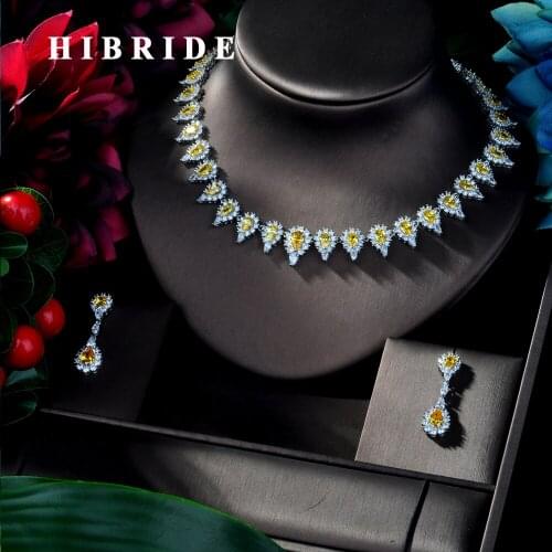 HIBRIDE Exclusive Luxury AAA Cubic Zirconia Heavy Necklace ,Drop Earrings 2 pcs Dubai Full Jewelry Set, Dinner Set N-204