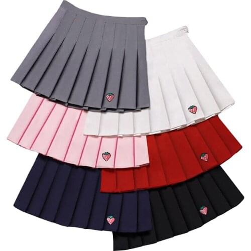 XS-XXL Five Colors Summer New A-Line Women Skirt High Waist Strawberry Embroidery Pleated Skirt Women Safety Pants Mini Skirt