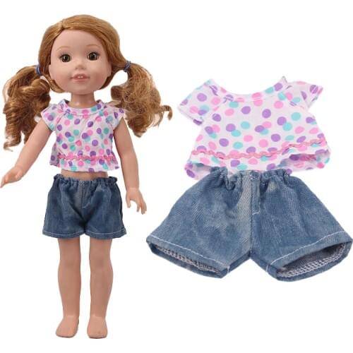 Cute little fresh multicolored polka dot T-shirt + shorts two-piece set for a 14.5-inch American doll