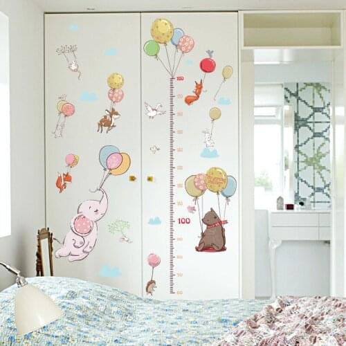 Cartoon Ballon Animal Elephant Rabbit Bear Fox Height Measure Wall Sticker For Kids Room Bedroom Kindergarten Decorative Murals