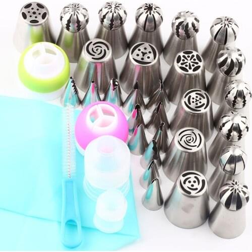 35 Pcs/Set Stainless Steel Pastry Russian Nozzle Tips 4 Russian Spherical Ball 1Pcs Pastry Bag 1 Brush Cake Decorating Tools