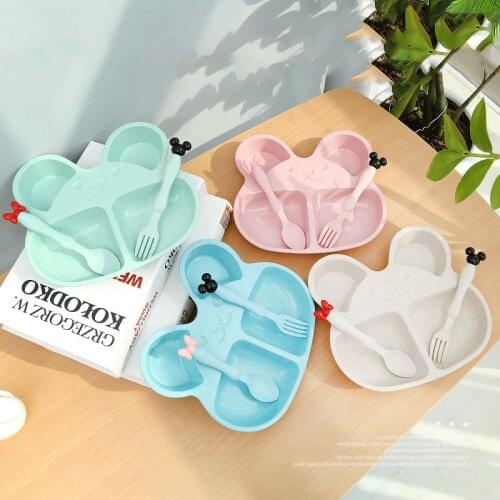 Wheat Straw Baby Feeding Plates Set Cartoon Bear Kids Self Eating Spoon and Fork Childrens Tableware Infant Toddler Baby Dishes