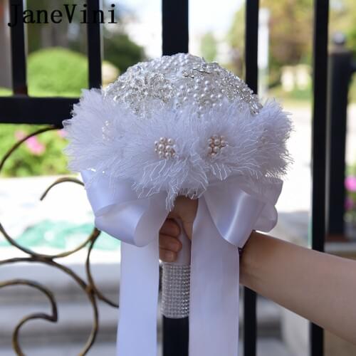 JaneVini 2019 Luxury Crystal Beaded White Wedding Bouquets Artificial Satin Roses Bling Bridal Holding Flowers Buque De Noiva