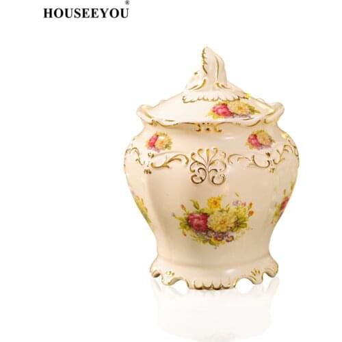 HOUSEEYOU Luxurious Sugar Pots Candy Bowl Spice Seasoning Boxes Jar Container High Grade European Floral Ceramic Kitchen Storage