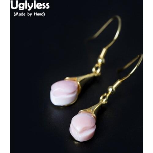 Uglyless 100% Real 925 Sterling Silver Magnolia Earrings for Women Nature Shell Pink Flower Earrings Gold Elegant Brincos Bijoux