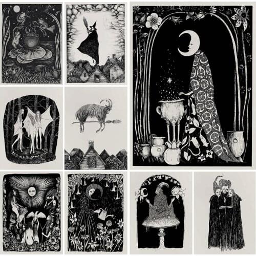 Vintage Girl Witchcraft Witch Flower Nordic Poster Wall Pictures For Living Room Wall Art Canvas Painting Home Decor Unframed