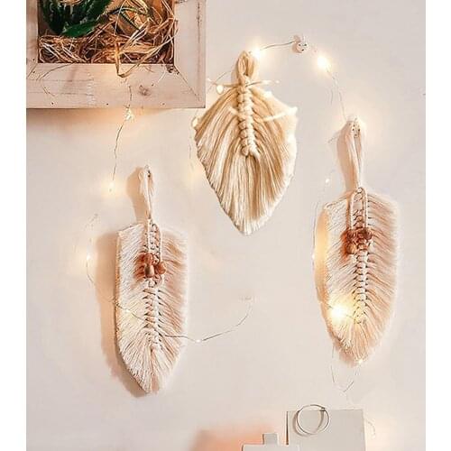Hand-Made Leaf Macrame Knitting Wall Hanging Feather Cotton Tapestry Hanging Wall Bohemia Girls Room Headboard Decoration