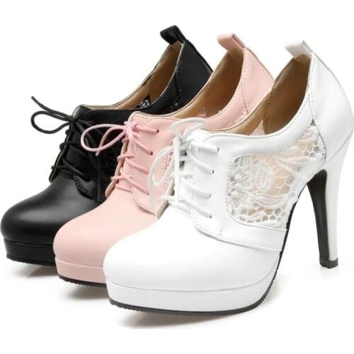 US4-11 Womens Trend Lace Cute Lolita Mary Janes Stilettos High Heel Lace Up Oxfords Wedding Shoes Platform Breathable Plus Size