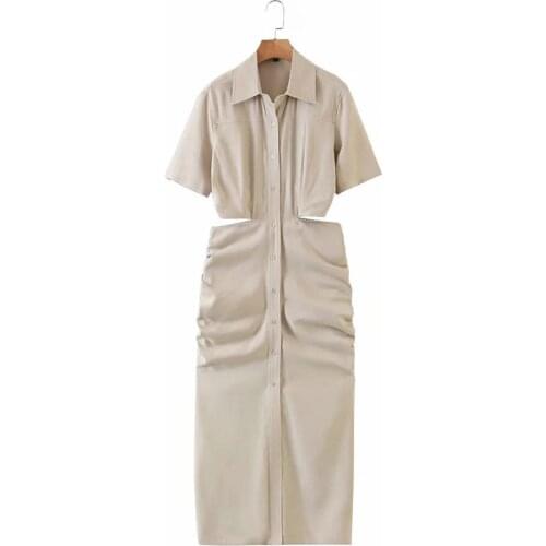 2021 Shirt Dress Women Waist Cut-out Short Sleeves Midi Dress Fashion Design Sexy Elegant Femme Robe Ropa Mujer Vestidos