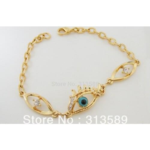 MIN ORDER 10$ CAN MIX DESIGN/ GORGEOUS 7.9" - YELLOW GOLD GP OVERLAY FILL BRASS EVIL EYE CZ STONE BRACELET/GREAT GIFT
