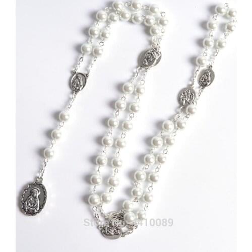 Miraculous Rosary of the Seven Sorrows 8 mm White Glass Bead Chaplet Necklaces
