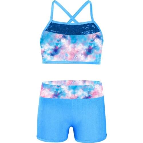 Kids Girls Child Dancewear Workout Gymnastics Outfits Sport Bra Top Tank Tops with Shorts Set Summer Dance Class Fitness Outfits