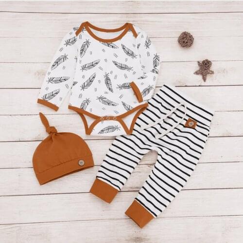 Newborn Baby Boy Girl Harness Feather Jumpsuit Stripe Print Pants Hat Set Explosion kids clothes minnie детская одежда 50