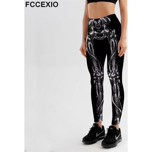 FCCEXIO High Quality Leggings Women Slim Fashion Mechanical Bones Black Leggings Digital Print Skull Fitness Leggings S-XL