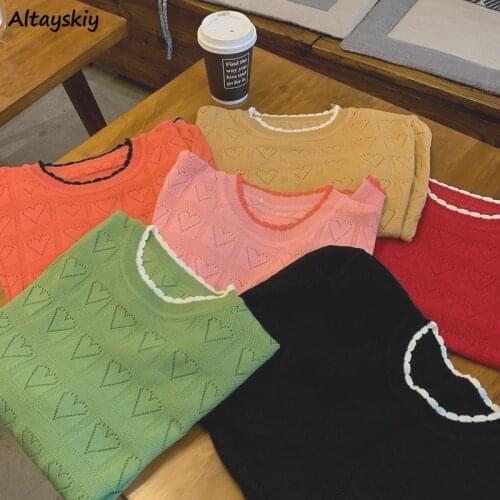 T-shirt Women Hollow Out Solid Simple Fashion Knitted Leisure Comfortable Vintage Feminine Harajuku All-match Cozy Tops Summer