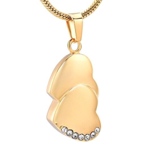 IJD12447 Stainless Steel Inlay Crystal Double Heart Cremation Memorial Pendant for Ashes Urn Keepsake Souvenir Necklace Jewelry