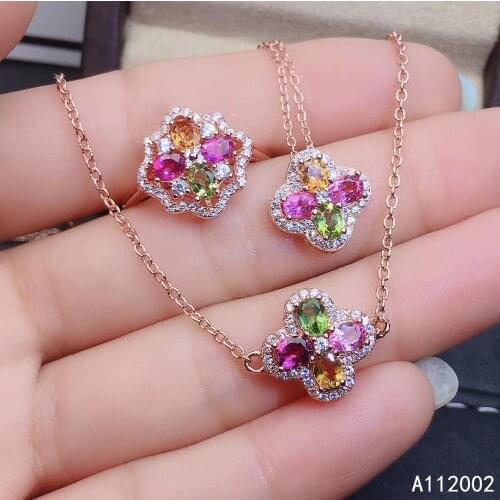 KJJEAXCMY fine jewelry natural Tourmaline 925 sterling silver women pendant necklace ring hand bracelet set support test luxury