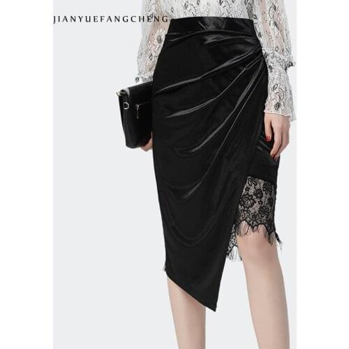 Office Ladies Pencil Skirt Elegant Sexy Asymmetry Black Velour Knee-Length Shirred Midi Skirts With Lace Ruffle 2021 Spring New