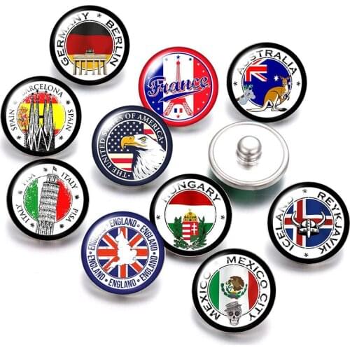 National flag National symbol France US 18mm snap buttons 10pcs mixed round photo glass cabochon style for snap button jewelry