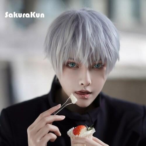 Jujutsu Kaisen Gojo Satoru Cosplay Wig White Grey Blue Curled Temples Cos Hair