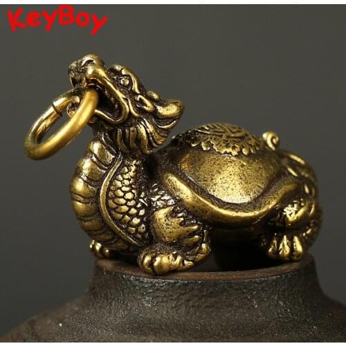Retro Brass Dragon Turtle Pendant Handmade Crafts Car Key Chain Ring Pendants Decorations Men Women Hanging Feng Shui Jewelry