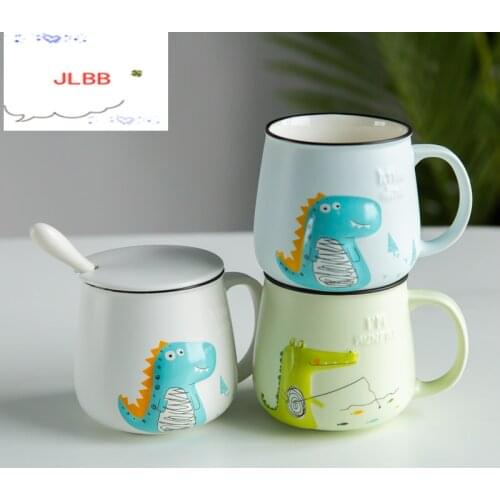Cute Mr Dinosaur Crocodile Cartoon Ceramic Coffee Mug with Spoon and Lid Porcelain Juice Drinking Cup Coffee Milk Tea Cup