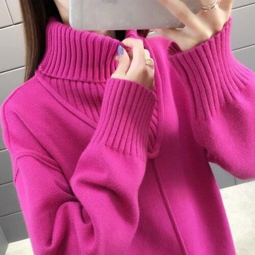 4 Colors Winter New Turtleneck Women Sweaters And Pullovers Hot Pink Loose Thicken Warm Lady Pulls All Match Outwear Coat Tops