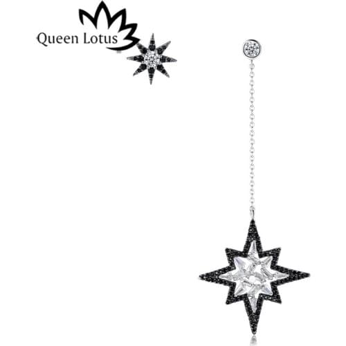 Queen Lotus AAA Cubic Zircon Drop Earrings for Women Asymmetric Star Dangle Earrings Patchwork Black Crystal Earrings Jewelry