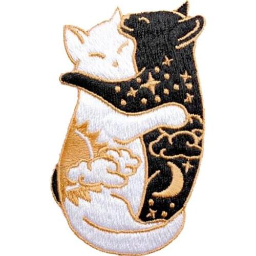Day and Night Hugging Cartoon Cat Iron On Embroidered Celestial Hook & Loop Back Badge Lover Gift Moon Constellation Patches