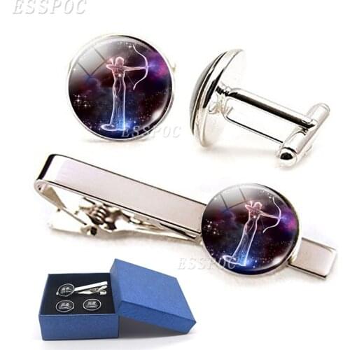 Handmade 12 Constellations Cuff Links and Tie Clips Leo Libra Cancer Pisces Aries Gemini Glass Cabochon Cufflinks and Tie clips