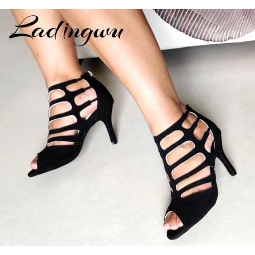 Ladingwu Black Suede Latin dance shoes womens Wedding party dance shoes Salsa sandals zip dancing shoes soft customizable
