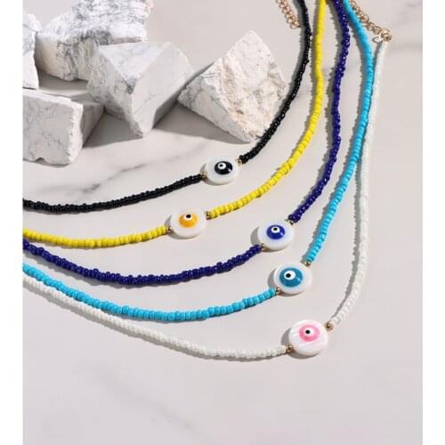 Beach Style Round Evil Eye Beaded Choker Necklace Multicolor Acrylic Glass Rice Bead Necklaces Women Statement Necklaces Jewelry