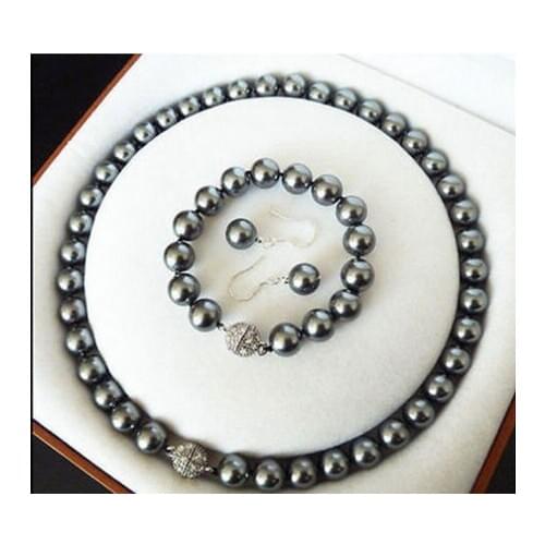 12mm natural south seas black shell pearl necklace bracelet earrings set