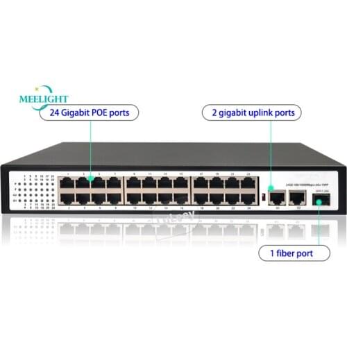 24 port full gigabit POE switch 24 gigabit POE electrical ports 2 gigabit uplink ports 1 SFP optical fiber port