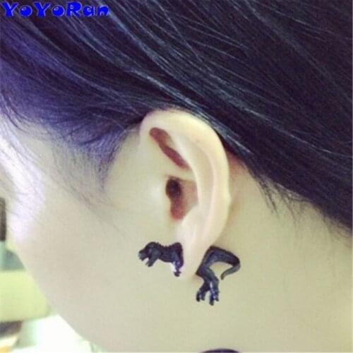 YoYoRan 1pc 3D dinosaur stud earring for man woman cartoon dragon piercing ear cuff black solid dinosaur earring jewelry gift