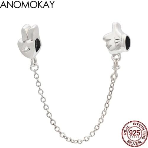 Anomokay Classic 100% Sterling 925 Silver Victory Hand Safety Chain fit Bracelet & Bangle Ok Yeah Fixing Clip Silver Jewelry