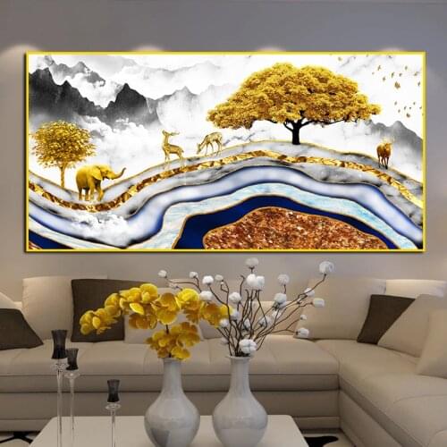 Noble Nordic Art Golden Tree Deer Oil Painting on Canvas Wall Art Posters Prints Wall Picture for Living Room Home Cuadros Decor