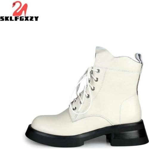 SKLFGXZY Motorcycle Boots Women Genuine Leather Lace-Up Round Toe Ankle Fashion Lady Platform Shoes Handmade Shoes