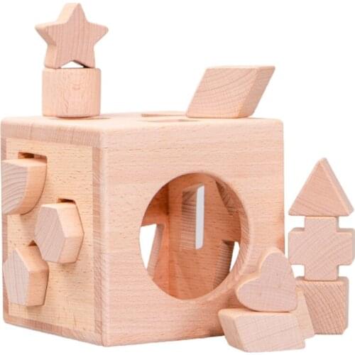 Kids Wooden Shape Sorter Cube Unpainted Building Block Box Educational Toys Toddler Baby Stacking and Matching Game Jigsaw GXMB