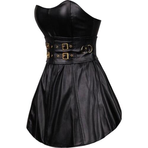Gothic Womens Sexy Wetlook Faux Leather Corset Dress Long Torso Shape Body Slim Bustiers Overbust Corsets For Party Clubwear