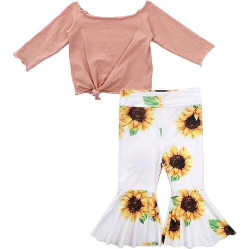 Infant Girls 2 PCS Outfit, Long Sleeve Off Shoulder Front Knot Solid Color Top, Sunflower Bell-Bottom Long Elastic Band Pants