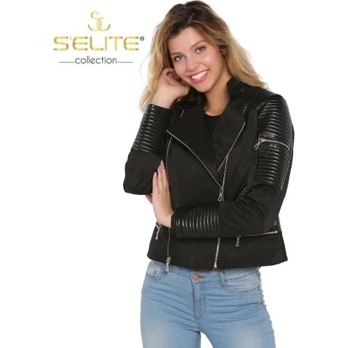 S'elite collection real leather and fabric womens black jacket genuine leather female water repellent winter autumn spring