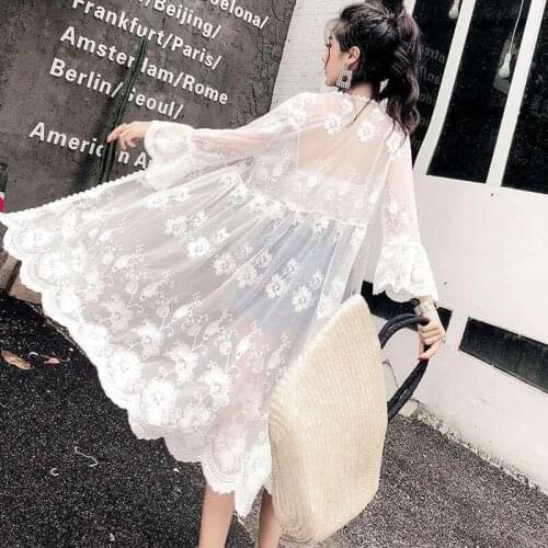 Jacket Women Summer Loose Air Conditioning Sunscreen Shirt Coat Female Solid Color Casual Thin Long Lace Blouse Top
