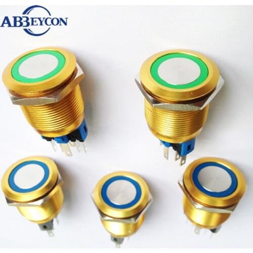 ABBEYCON Latching function 22mm Metal Push Button Switch 12V/24V/110V/220V LED Ring Illuminated Golden Plated Housing Switch