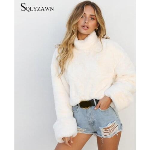 Autumn Turtleneck Furry Crop Sweatshirt Women White Casual Long Sleeve Warm Hoodies Korean Solid Harajuku Pullover Ladies Winter