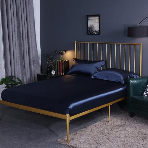Navy Blue Polyester Satin Fitted Sheet Pillowcase Elastic Band Mattress Cover Queen King Size Solid Color Bedspread Bed Sheets