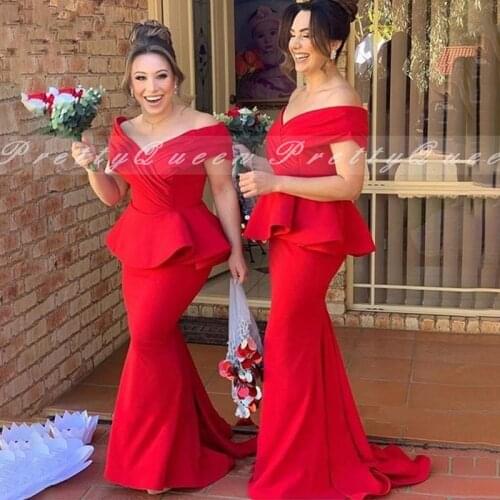 Red Long Mermaid Bridesmaid Dresses With Peplum Women Off Shoulder Formal Wedding Party Dress Robe De Soiree De Mariage